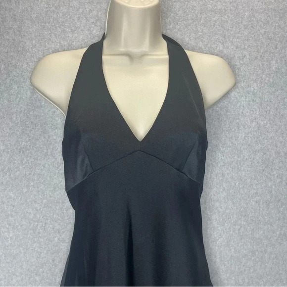 BCBGMaxAzria Black Satin Goth Punk Dark Romantic Empire Waist Halter Maxi Dress - Picture 3 of 7